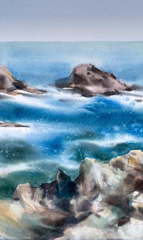 White waves. Scotland. One of a kind, original painting, handmad work, gift, watercolour art. by Galina Poloz
