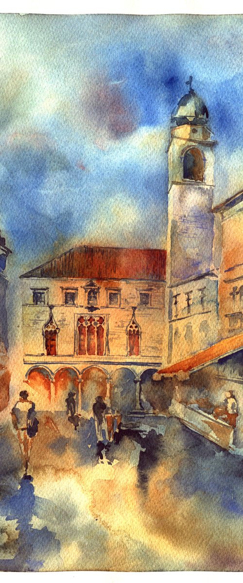 "Impressionistic street in bright colors" architectural artwork in watercolor by Ksenia Selianko