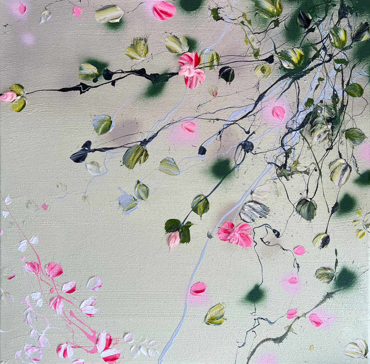 Square acrylic structure painting with flowers Warm Afternoon II 60x60x2cm, mixed media by Anastassia Skopp