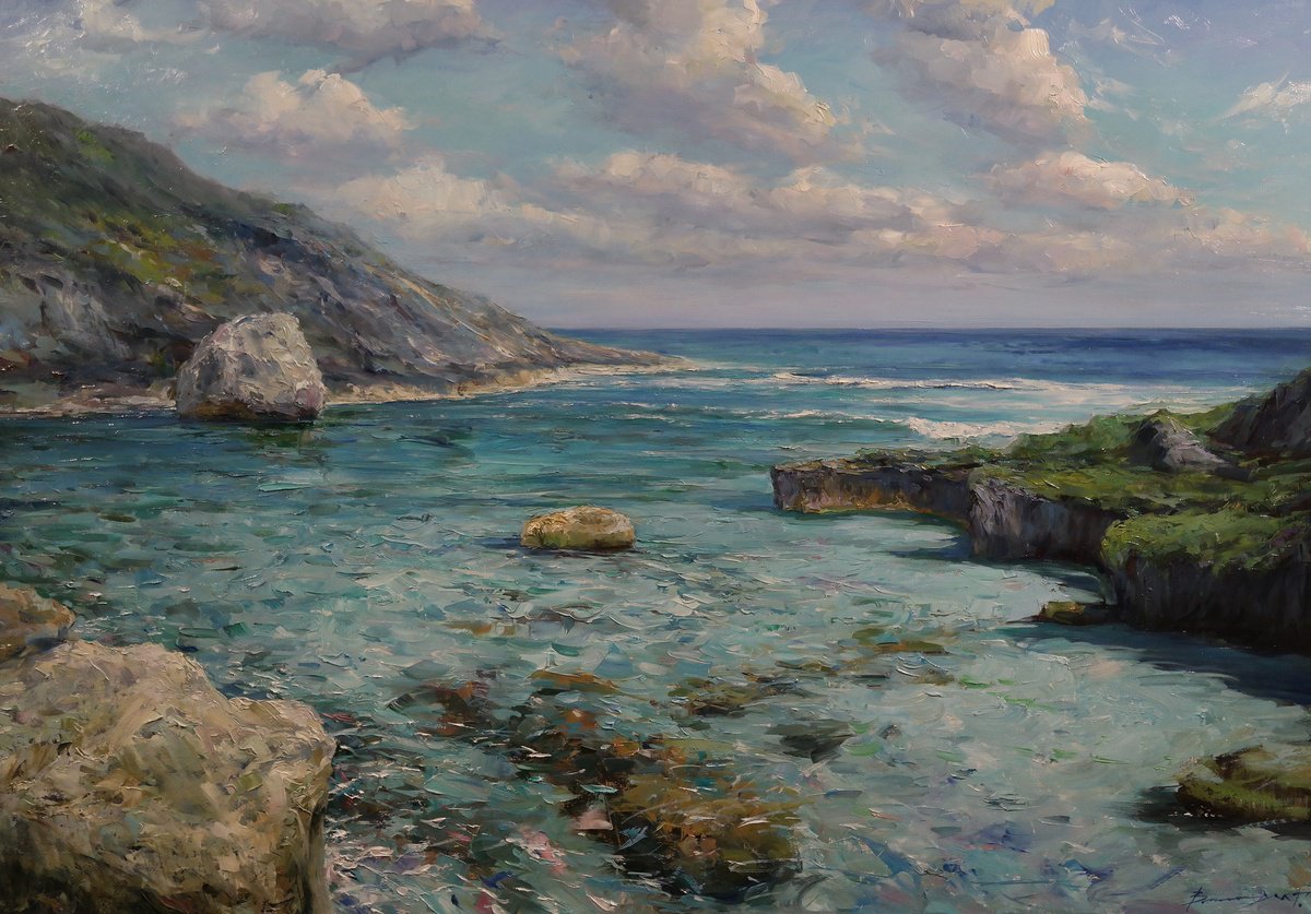 Impressionistic Landscape Oil Painting By Gennady Vylusk, 39 X 28, Turquoise Depths, Original Artwork