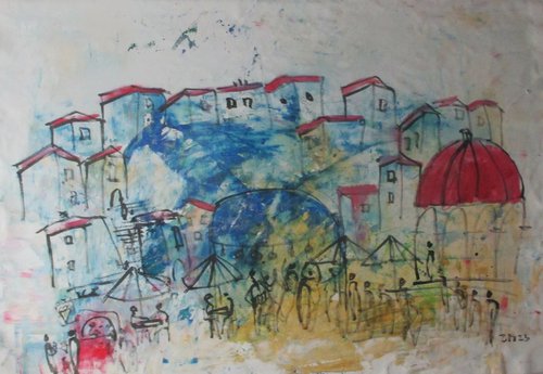 blue italian city, tuscany xxl on canvas, not stretched by Sonja Zeltner-Müller