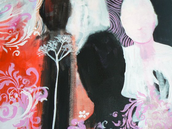 Bring Me My Shadow (Large contemporary semi figurative painting, featuring kimono and washi patterns )