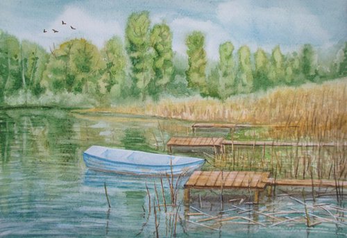 Forgotten boat - watercolor landscape by Julia Gogol