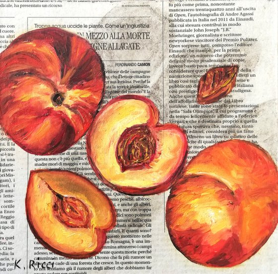 "Peaches on Newspaper" Original Oil on Wooden Board Painting 8 by 8"(20x20cm)