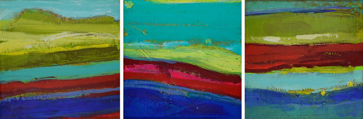 Expressive Abstract Acrylic Painting By Cristian Valentich, 14 X 5, Colorful Triptych, Original Artwork