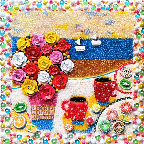 Sunny picnic on the sea - Abstract still life with mosaic & glass. Naive art decorative wall sculpture by BAST