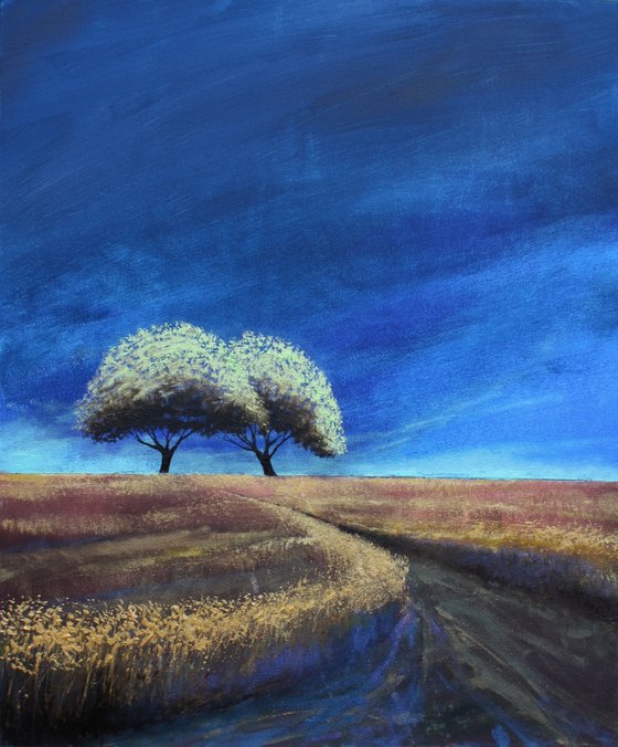 '2 Trees at Daybreak' Sunrise, Landscape Oil Painting.