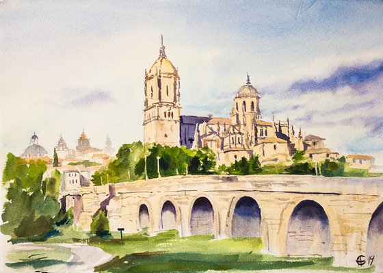 Cathedral 2. Salamanca, Spain. Original watercolor. Small painting gentle travel castilla y leon interior decor impressionism inspiration