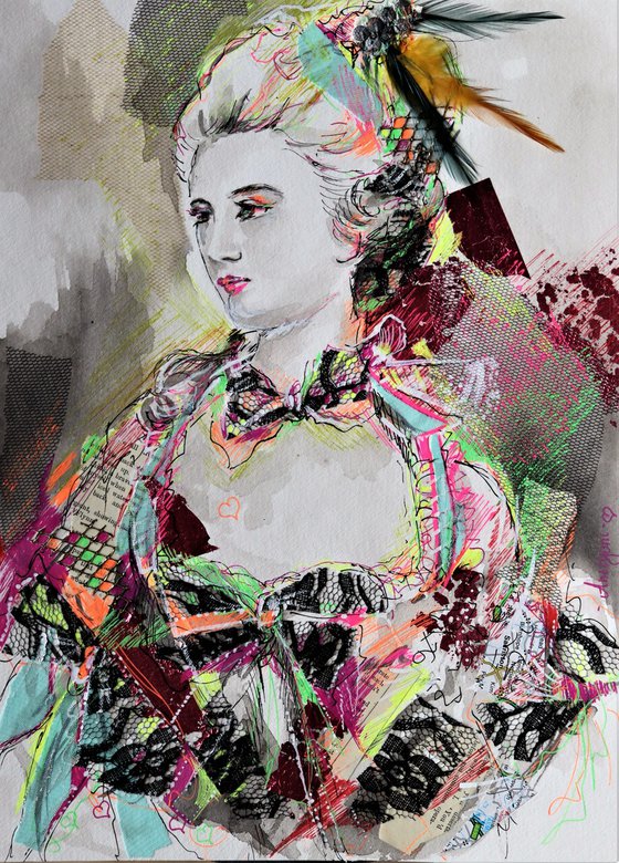 Marie Antoinette II- Portrait mixed media drawing on paper