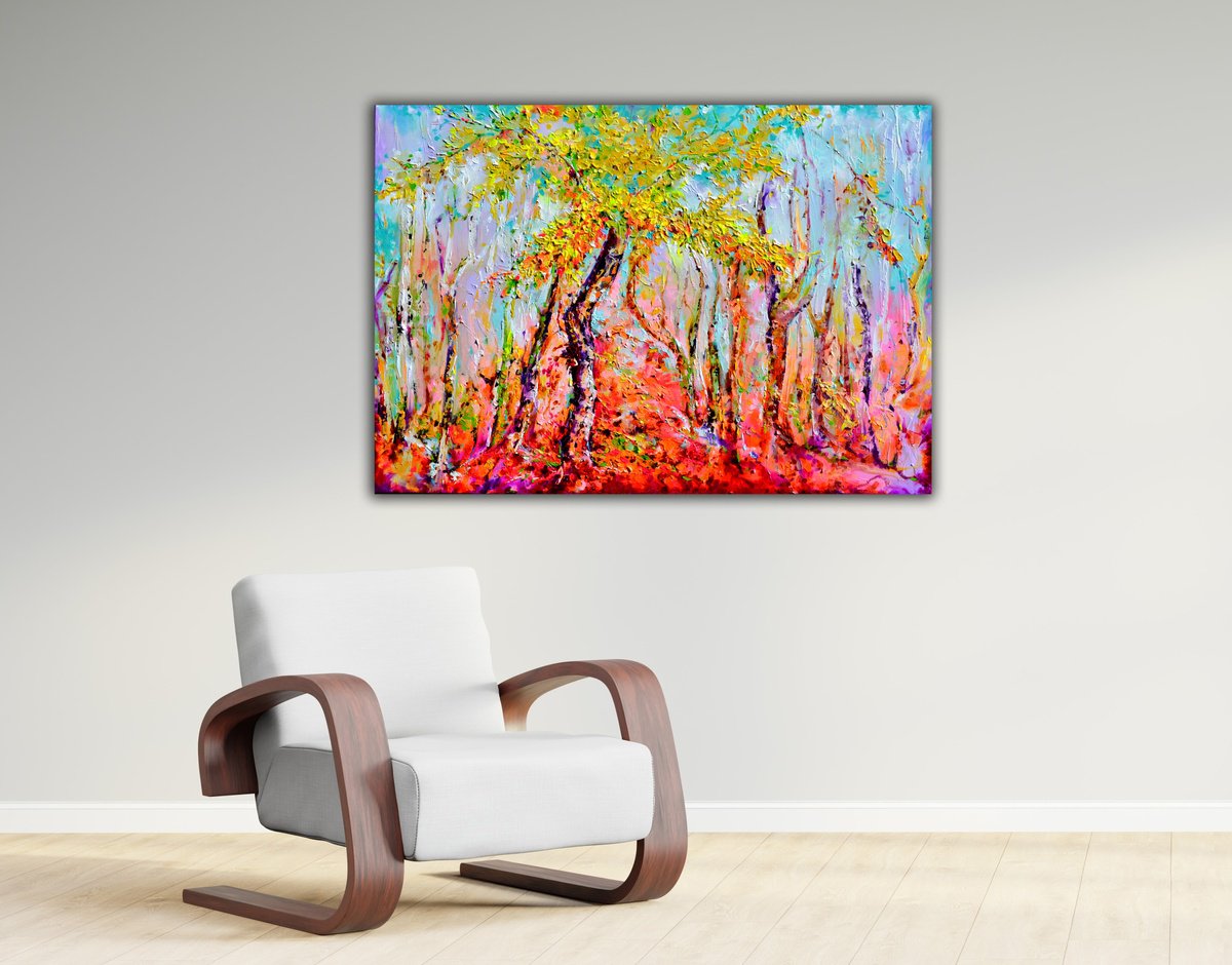 Impressionistic Landscape Acrylic Painting By Soos Roxana Gabriela, 39 X 28", Misty Autumn In The Forest, Original Artwork