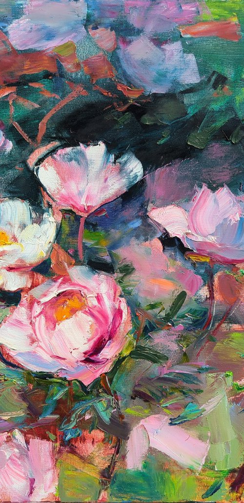 Peonies on gray-burgundy by Helen Shukina