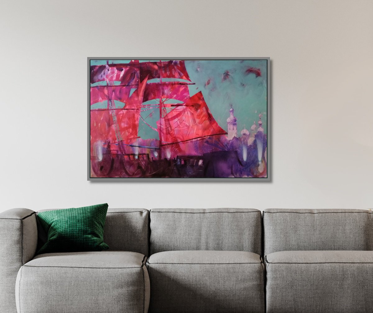 Surrealistic Landscape Painting By Olga David, 47 X 31", Purpursegel, Original Artwork