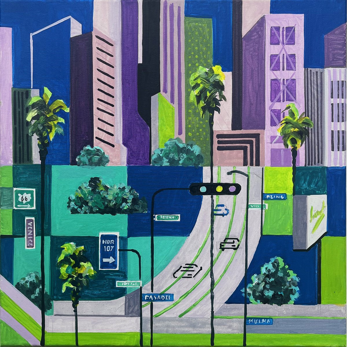 Urban And Pop Cityscapes Acrylic Painting By Andre Baldet, 16 X 16, Los_Angeles-Downtown-11C, Original Artwork