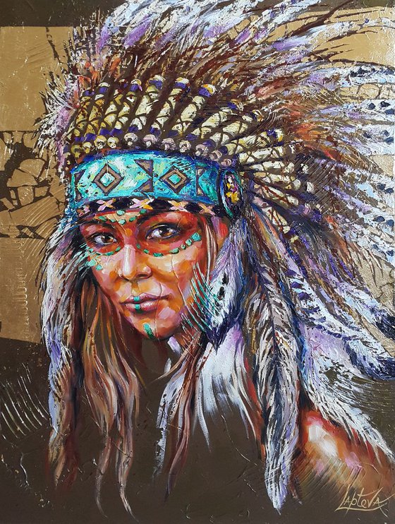 Portrait native american woman - portrait abstract girl, headdress feathers birds