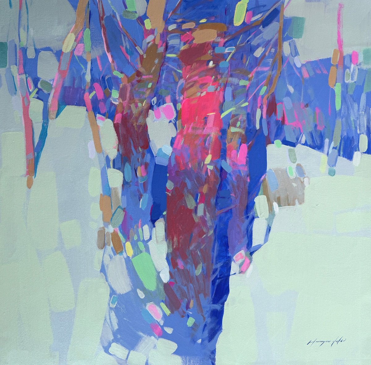 Impressionistic Landscape Acrylic Painting By Vahe Yeremyan, 32 X 31", Moon Trees, Original Artwork