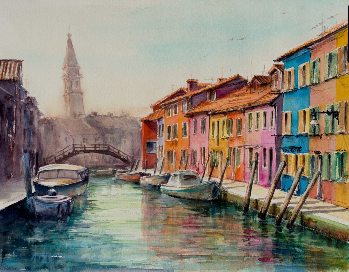 Impressionistic Cityscapes Watercolour By Eve Mazur, 16 X 12, Burano, Italy, Original Artwork
