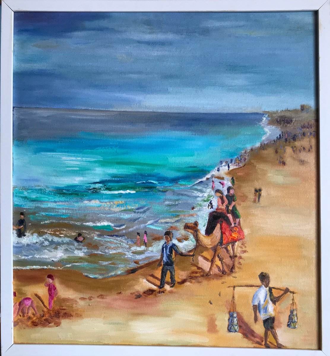 PURI BEACH 2, INDIA, SMALL OIL PAINTING, GIFT , SOUVENIR, ready to hang, framed