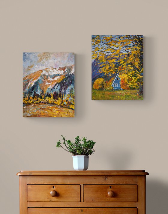 Golden Fall - SET OF 2 PAINTINGS - 1) At the foot of the mountain 2) Cottage in the Mountains