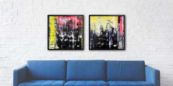 "We Mean It" - Save As A Series - Original PMS Abstract Diptych Acrylic Paintings On Plexiglass, Framed - 52" x 26"