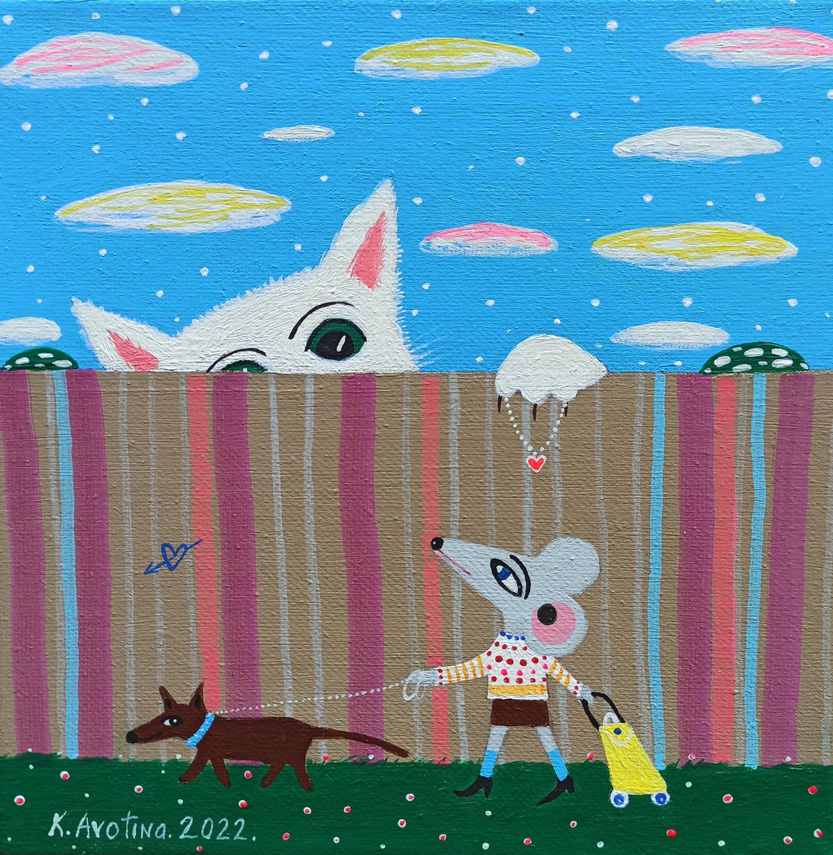 Impressionistic Animal Acrylic Painting By Katrina Avotina, 8 X 8", Will You Marry Me?, Original Artwork