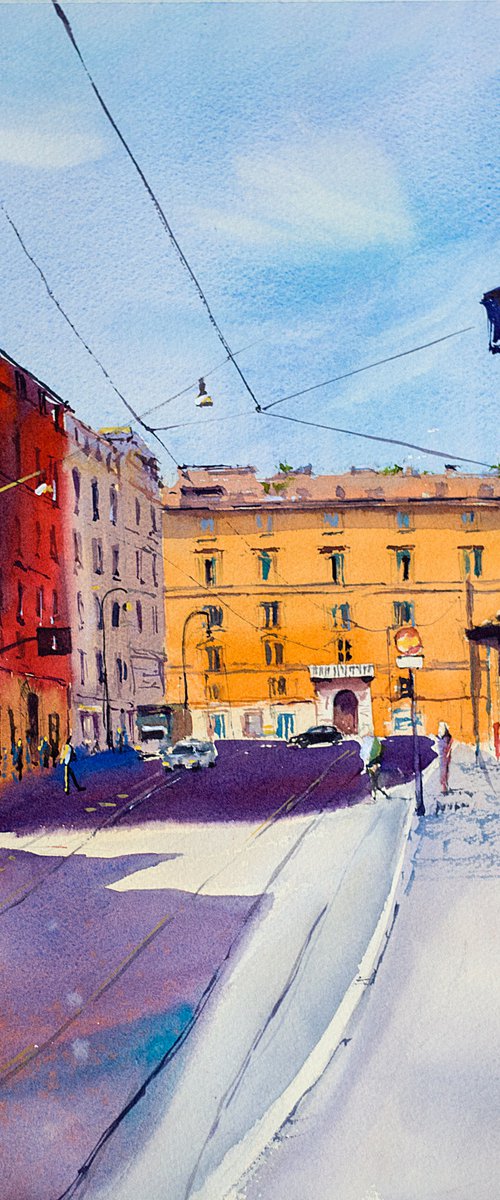 Rome street. Light and shadow with city view. Medium format watercolor urban landscape italy sea bright architecture old travel by Sasha Romm