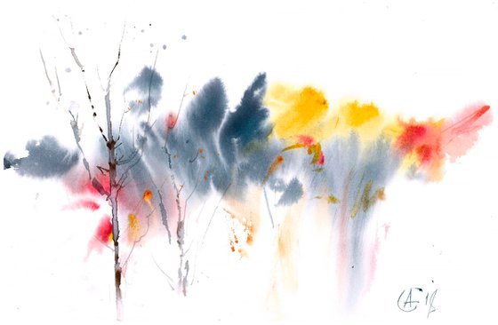 Autumn forest. Abstraction. Small original watercolor warm tones colors nature white organic decor minimalistic decor interior bright