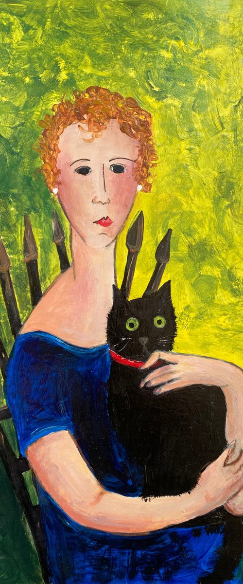 Woman Blue dress black Cat by Teresa Tanner