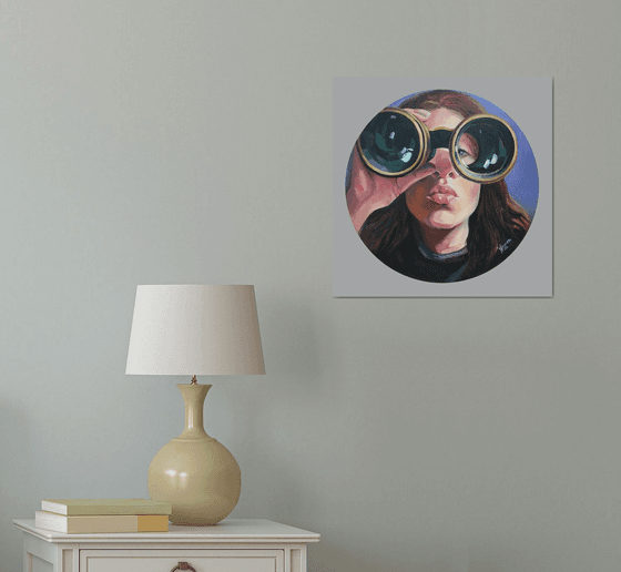 Portrait of a girl with binoculars. Interior female portrait, love for the sea.