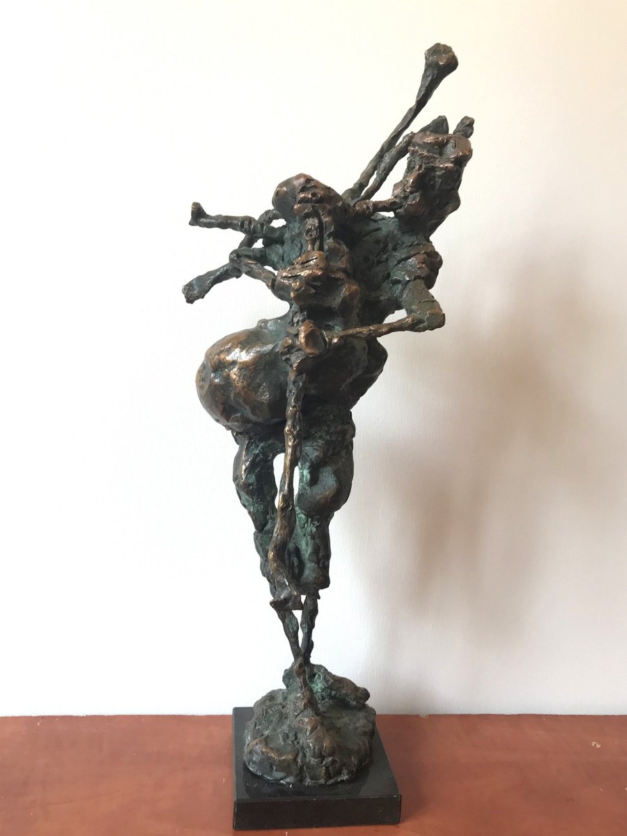 Surrealistic Portrait Bronze Sculpture By Toth Erno, 4 X 18", Bagpiper, Original Artwork