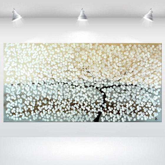Dream of White - large acrylic abstract painting cherry blossoms nature painting canvas wall art
