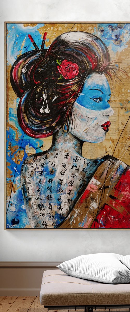 Kawaii 120cm x 150cm Geisha Textured Book Page Abstract Realism Art by Franko