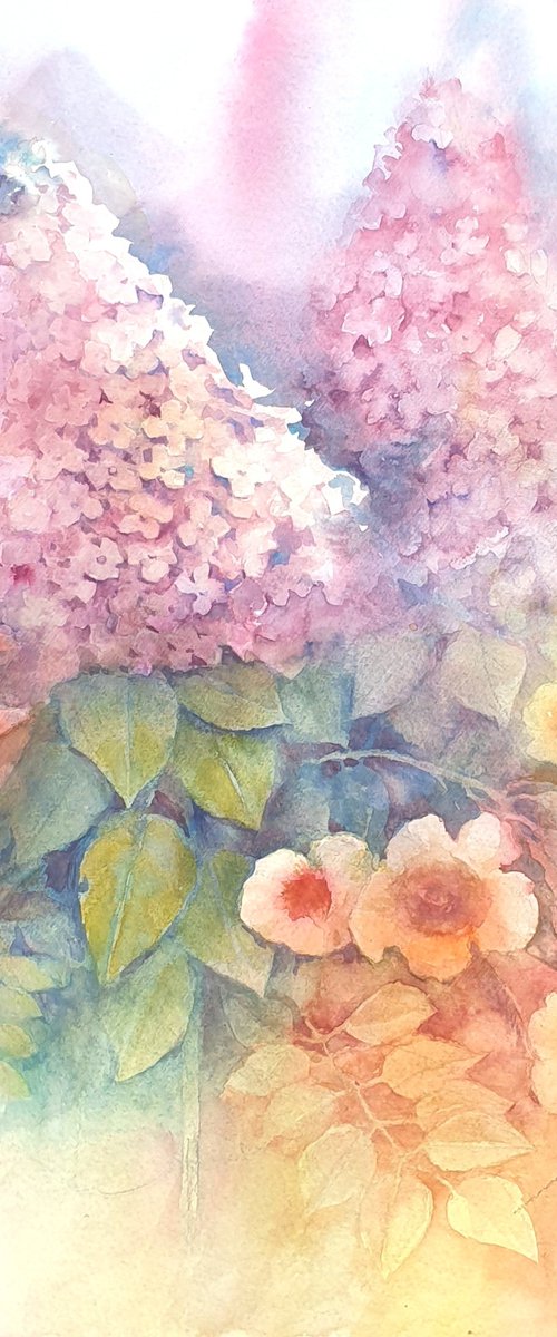 HYDRANGEA and MILIN 2021.033  original watercolor 27X38 by Beata van Wijngaarden