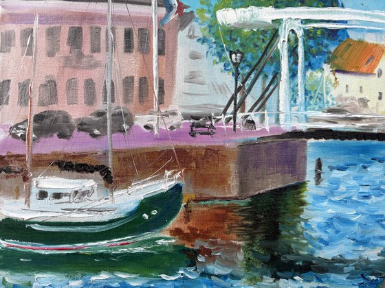 Yacht by drawbridge in Goes