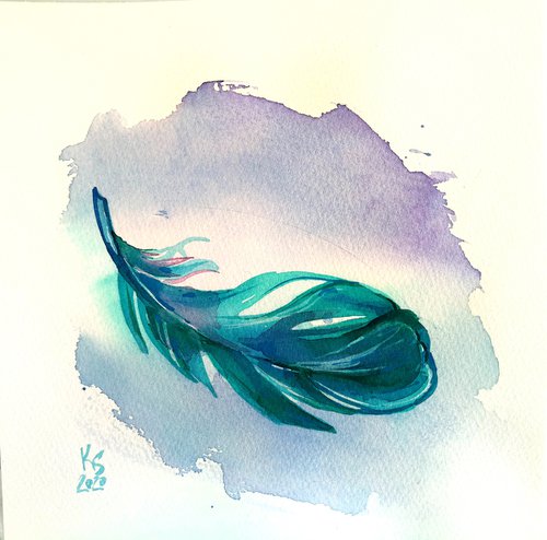 Still life "Fantasy bright blue-green feather of a bird" original watercolor painting square postcard by Ksenia Selianko