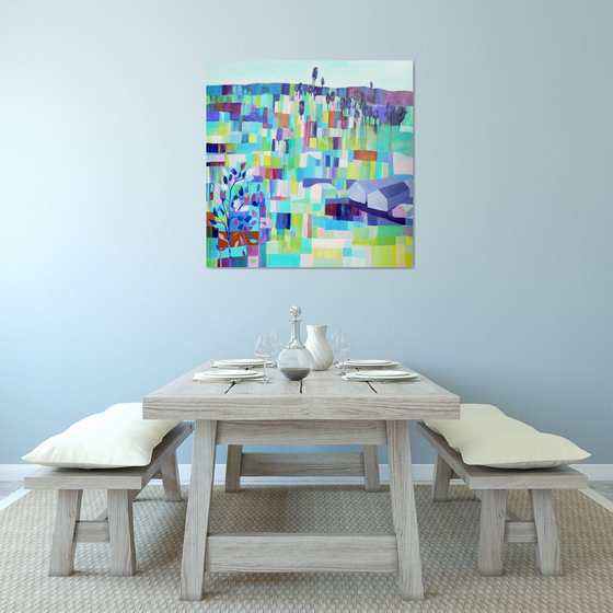 Patchwork landscape (large contemporary semi abstract painting, ready to hang abstract landscape)