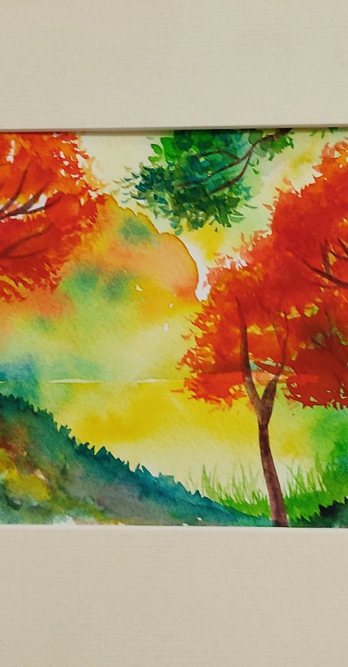 Autumn - Watercolour painting - gift - affordable art - matted artwork by Vikashini Palanisamy