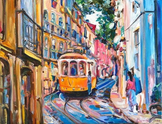 LISBON - landscape art, original oil painting, Lisboa tram, architecture, gift art