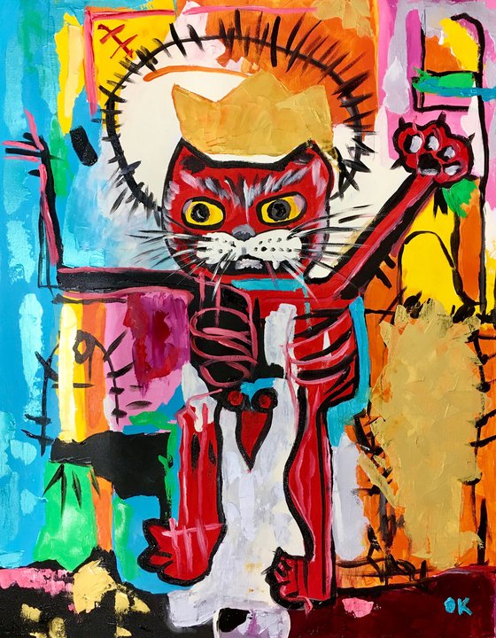 UNTITLED RED KING CAT version of famous painting by Jean-Michel Basquiat.