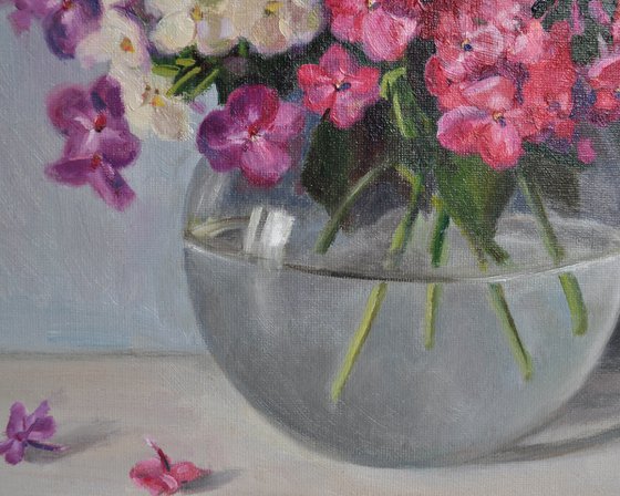 Phloxes in a glass vase original oil painting