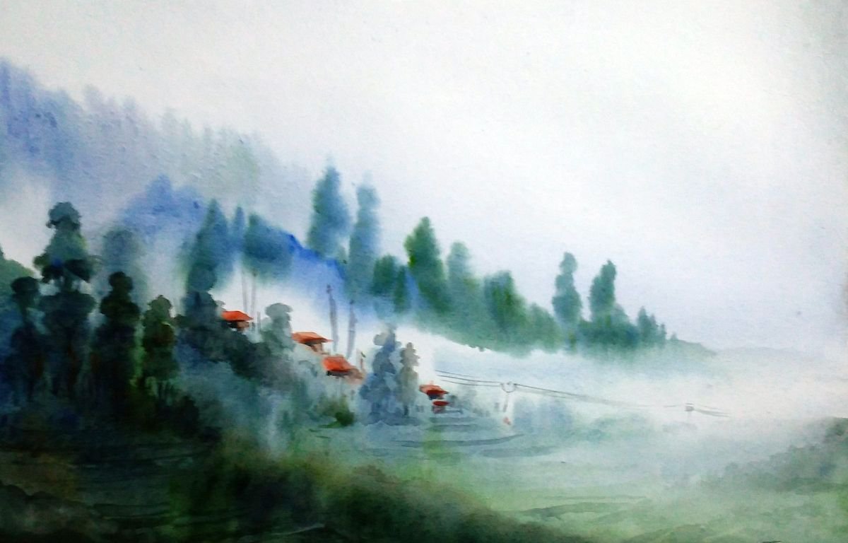 Foggy Mountain Village - Watercolor on Paper Painting by Samiran Sarkar