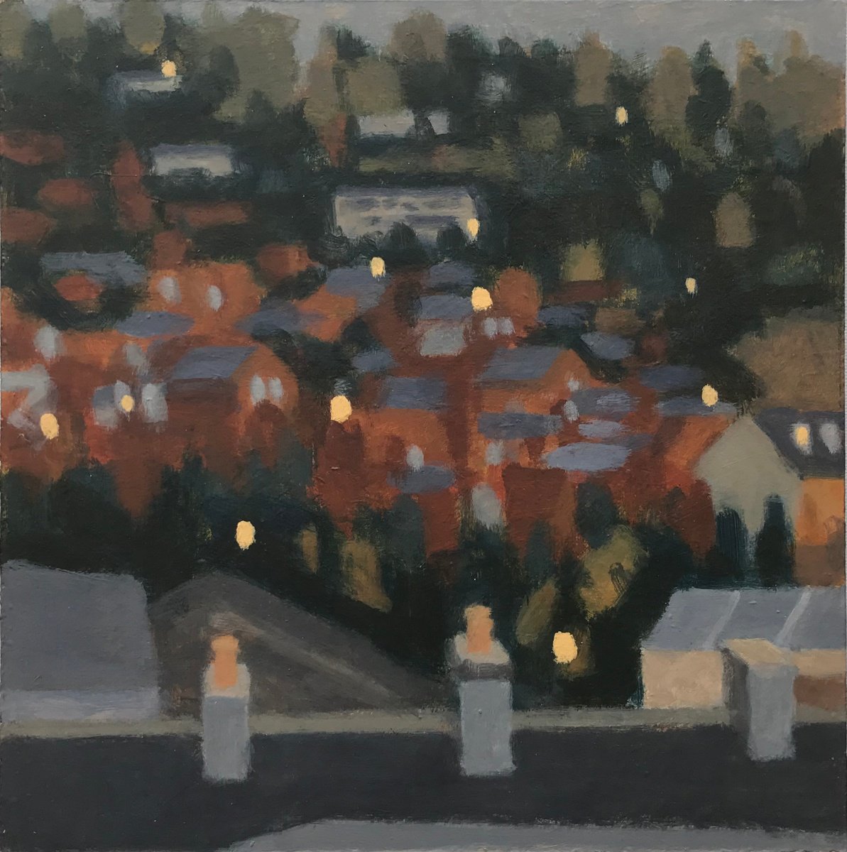 Impressionistic Cityscapes Acrylic Painting By Hugo Lines, 10 X 10, Exeter City Lights, Original Artwork