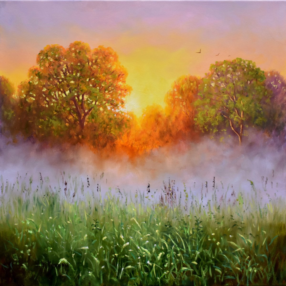 Impressionistic Landscape Oil Painting By Yulia Nikonova, 20 X 20", Rising Fog, Original Artwork