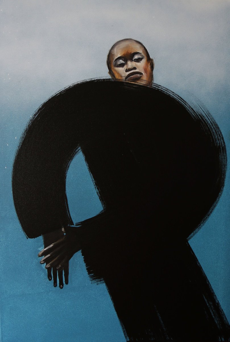 BLACK MODEL- OIL PAINTING, BLACK , WOMAN, BLACK LINE by Anzhelika Klimina