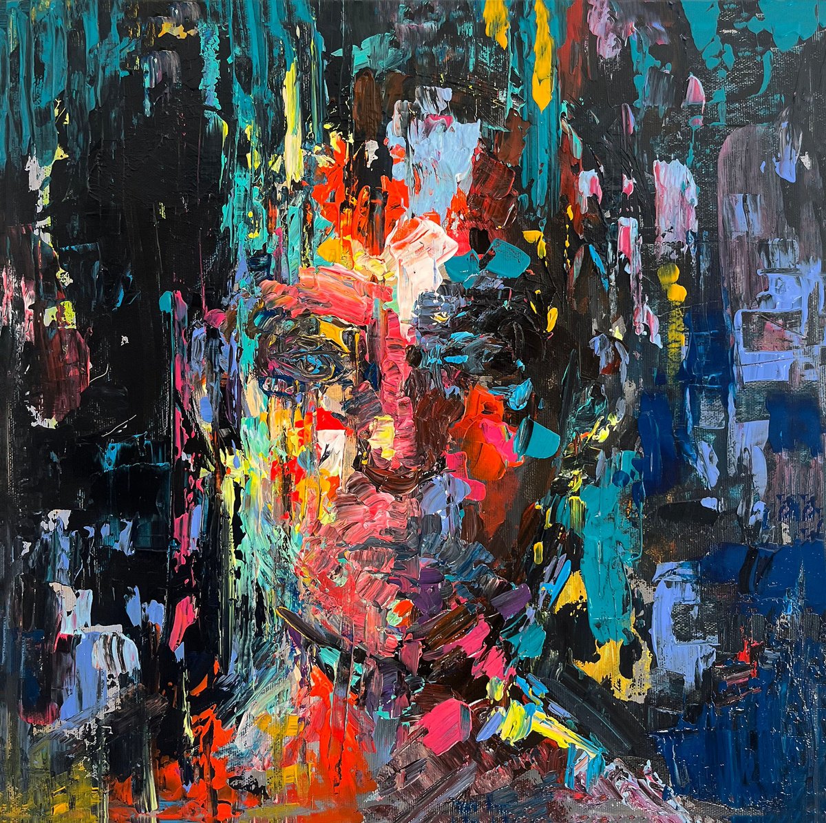 Expressive Portrait Acrylic Painting By Maria Kireev, 14 X 14", Innocent, Original Artwork