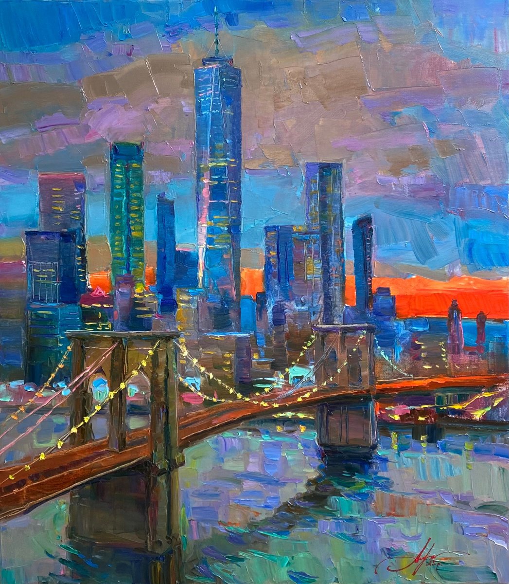 Expressive Cityscapes Oil Painting By Oleksii Chebotaru, 28 X 32", Lights Of New York, Original Artwork