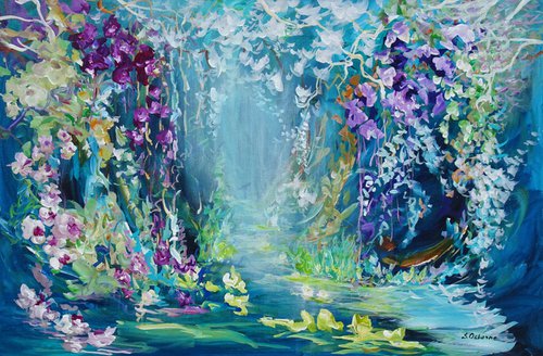 Abstract Landscape Large Flowers Painting. Tropical Floral Blue Teal Green Painting on Canvas. Modern Impressionism Art Pink Orchid White Purple Flowers Floral Garden Botanical Impressionism. by Sveta Osborne