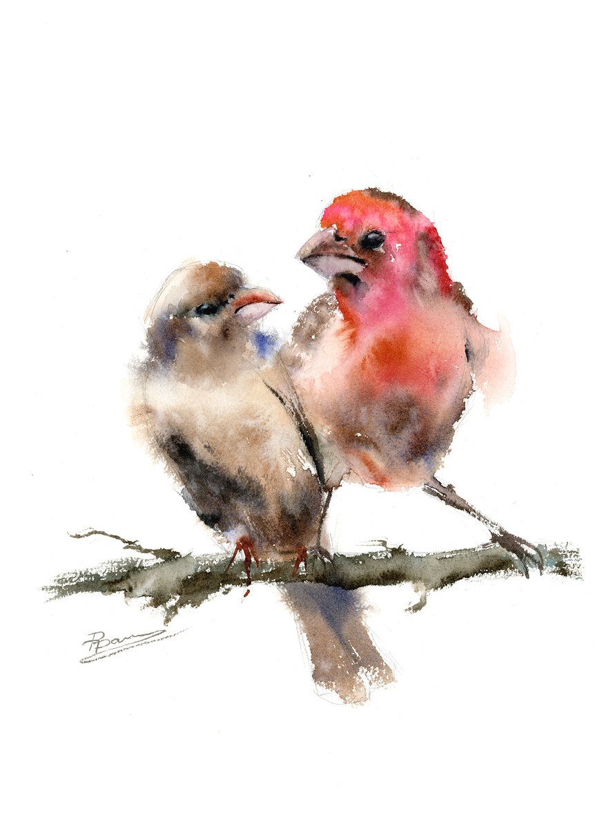 Expressive Animal Watercolour By Olga Tchefranov (Shefranov), 10 X 14", Two Purple Finches, Original Artwork
