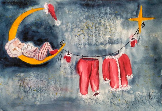 Santa Claus Painting Christmas Original Art Sleeping Santa Small Watercolor Moon Artwork Home Wall Art 14 by 10" by Halyna Kirichenko