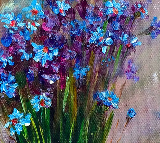 BOUQUET OF BLUE CORNFLOWERS - Wildflowers. Cornflowers. Beautiful bouquet. Abstract background. Freshness. Little. Cute.