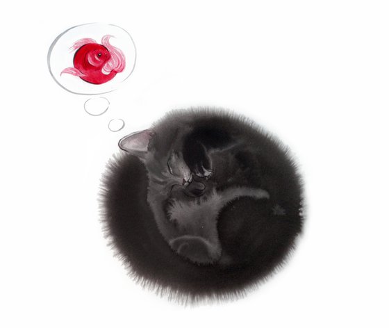 Black cat curled up in a ball and dream about goldfish